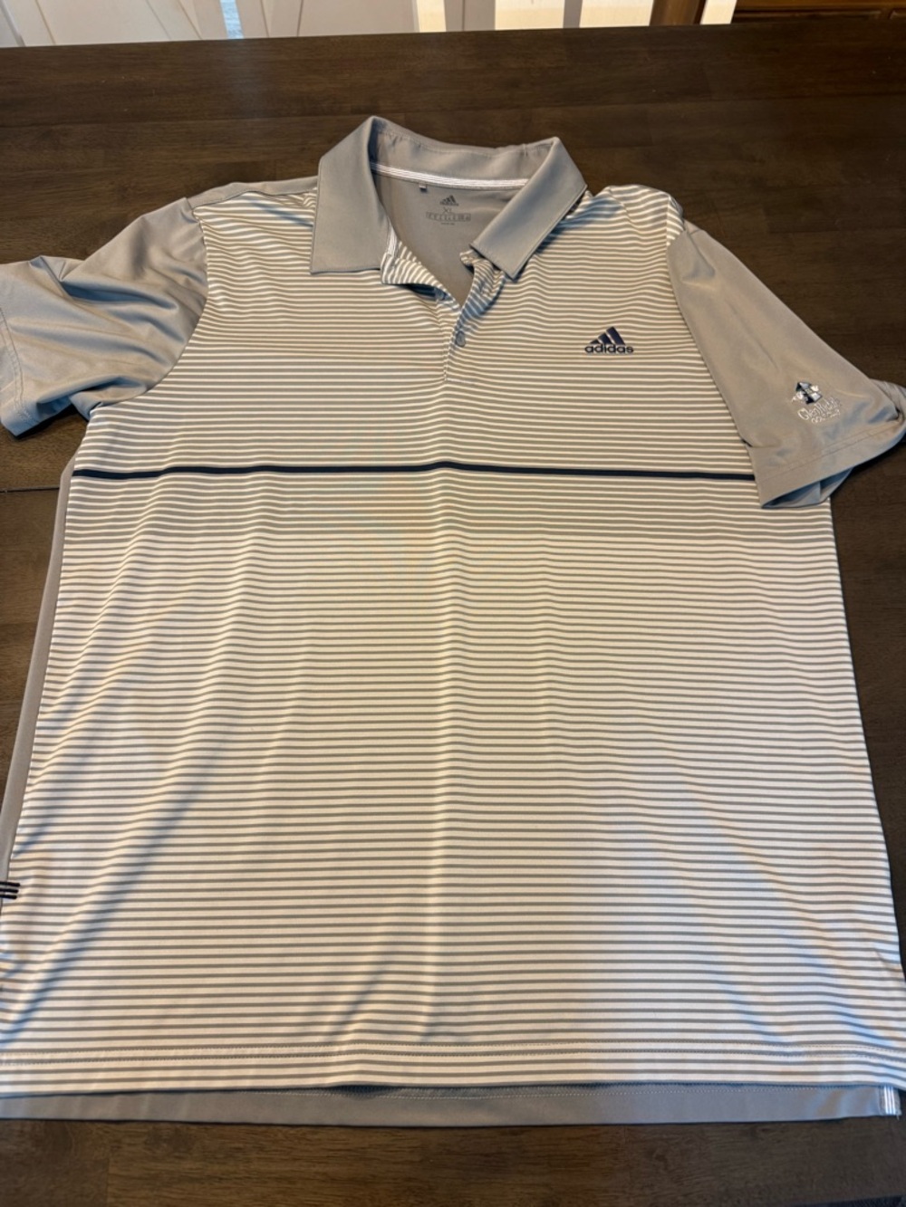 adidas Men’s Light Gray Striped Polo with Navy Accent